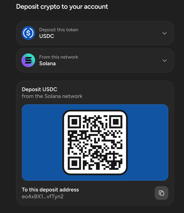 Depositing USDC from Solana into your near.com account — scan the QR code or copy the address