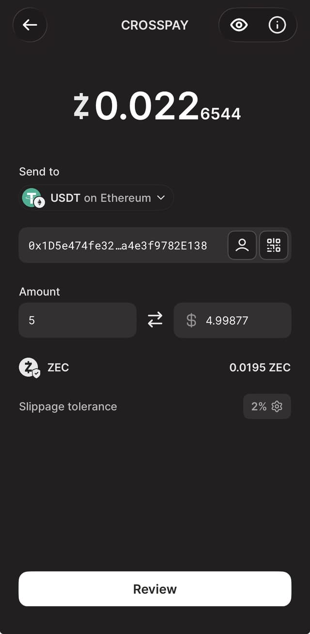Paying 5 USDT to an Ethereum address using ZEC from ZODL — one tap, no bridging