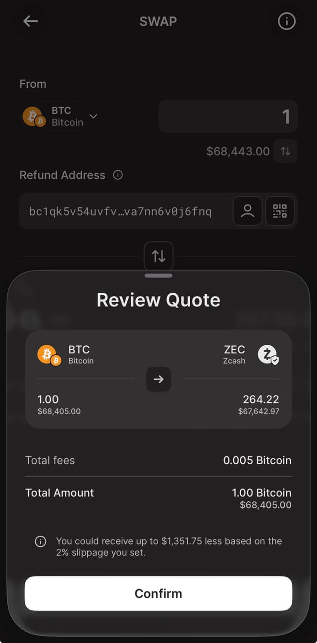 Depositing 1 BTC from Bitcoin into ZODL — arrives as ZEC with no extra steps