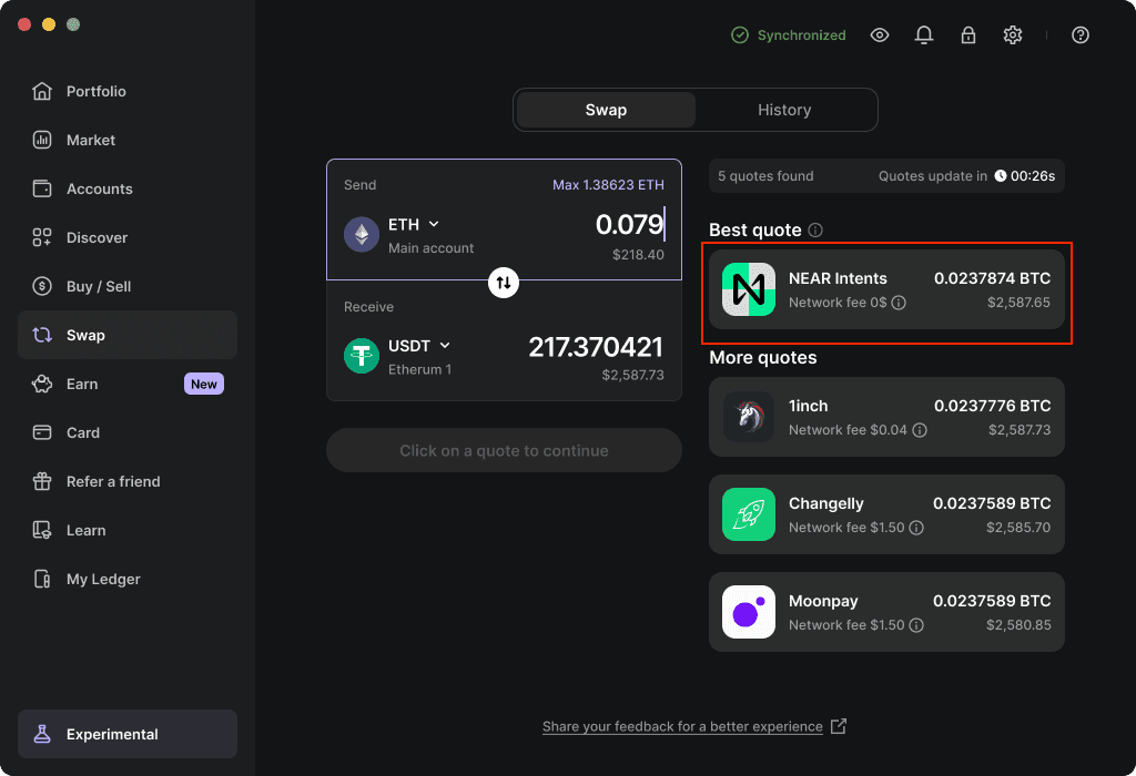 NEAR Intents as the best quote in Ledger Live — swapping 0.079 ETH to BTC with $0 network fee, beating 1inch, Changelly, and Moonpay