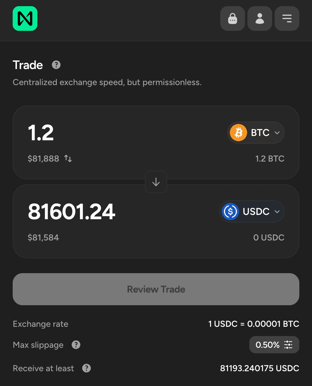 Trading 1.2 BTC for 81,601 USDC on near.com
