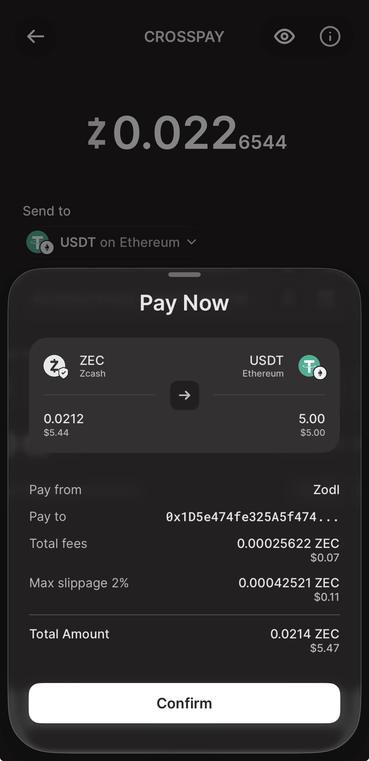 Confirming a cross-chain payment in ZODL — one signature, exact stablecoin delivery