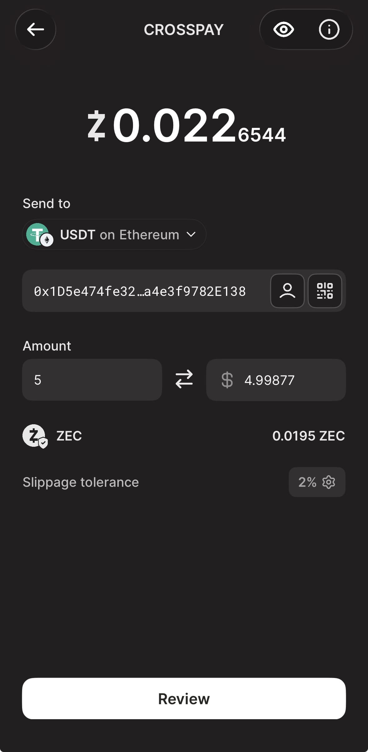 Initiating a cross-chain payment in ZODL — paying with ZEC, recipient gets USDC