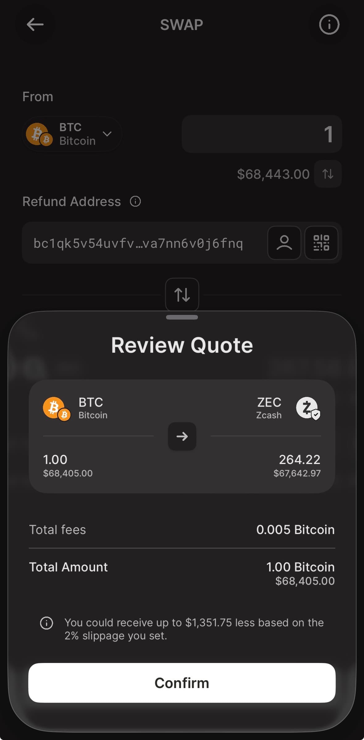 Selecting a source asset to deposit into ZODL — send ETH from Ethereum, receive ZEC in the app